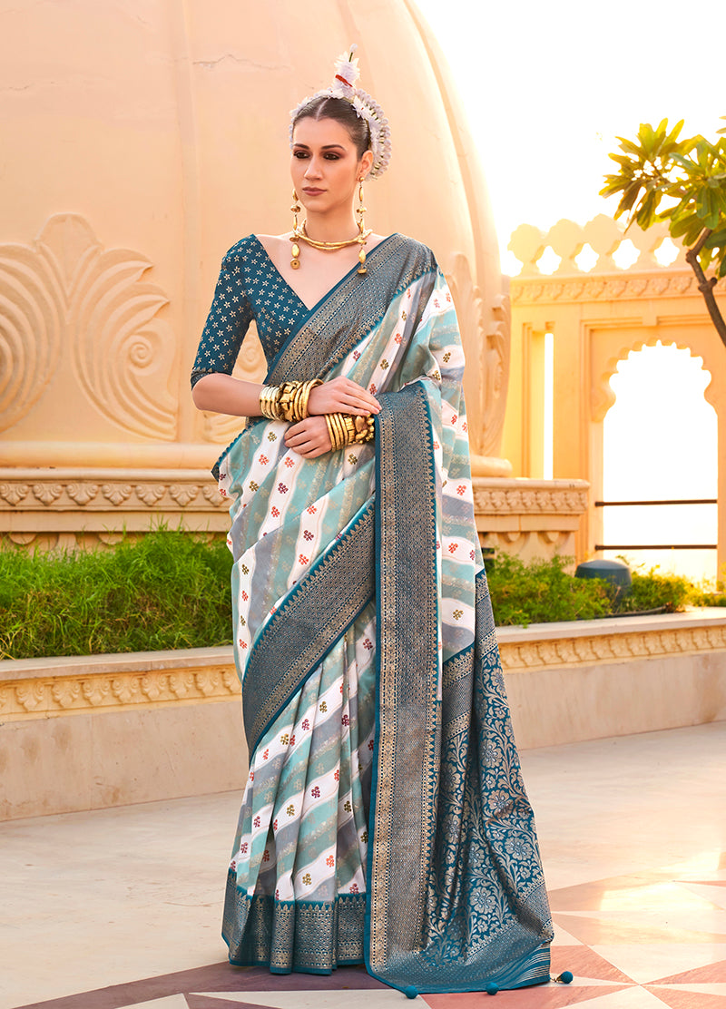 Teal Silk Foil Print Saree