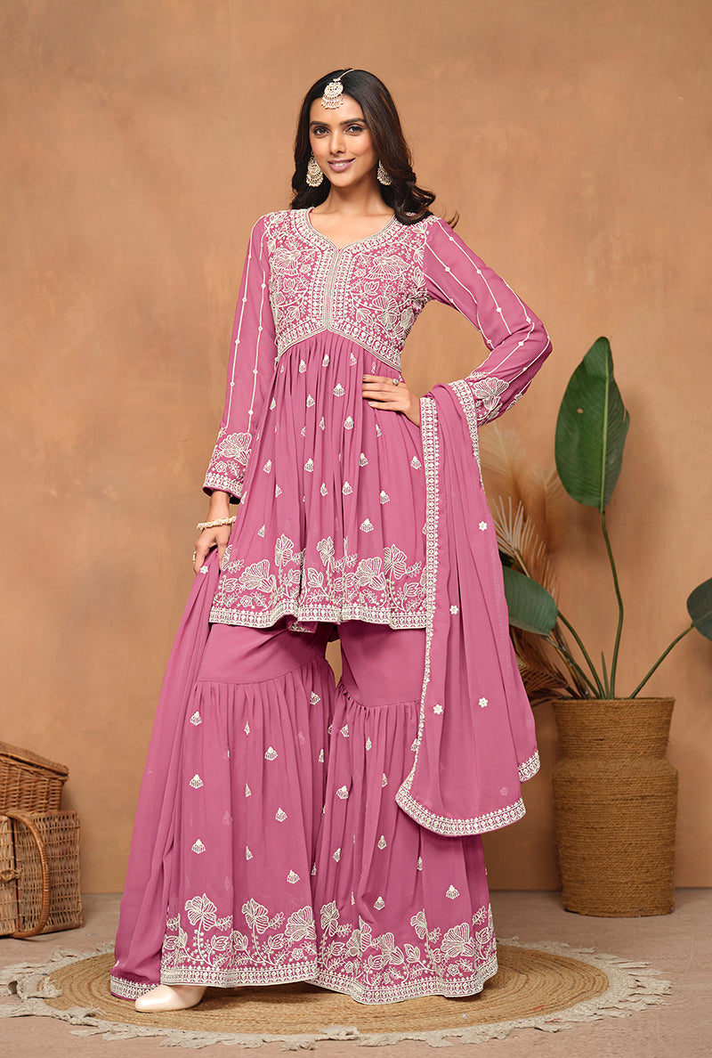 Pink Faux Georgette Embroidered Trendy Salwar Kameez