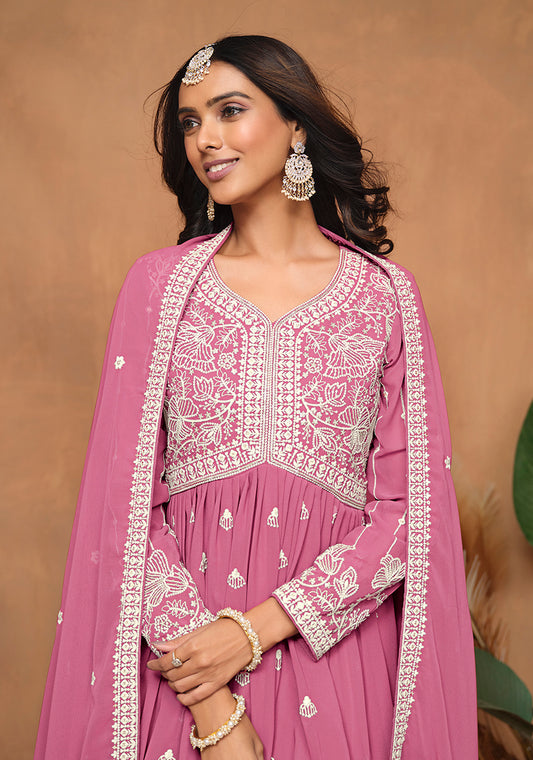 Pink Faux Georgette Embroidered Trendy Salwar Kameez