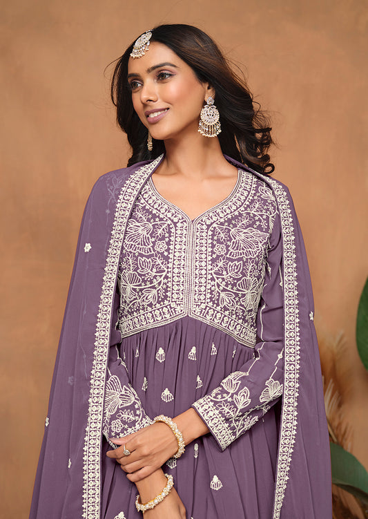Purple Faux Georgette Embroidered Trendy Salwar Kameez