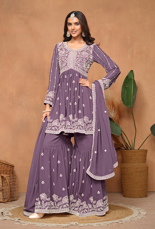 Purple Faux Georgette Embroidered Trendy Salwar Kameez