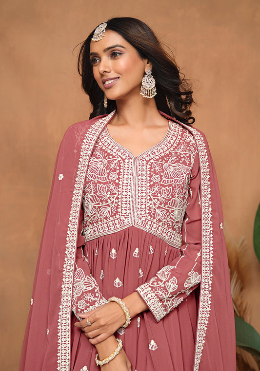 Rose Pink Faux Georgette Embroidered Trendy Salwar Kameez