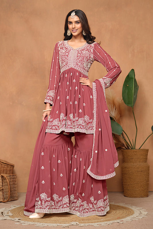 Rose Pink Faux Georgette Embroidered Trendy Salwar Kameez