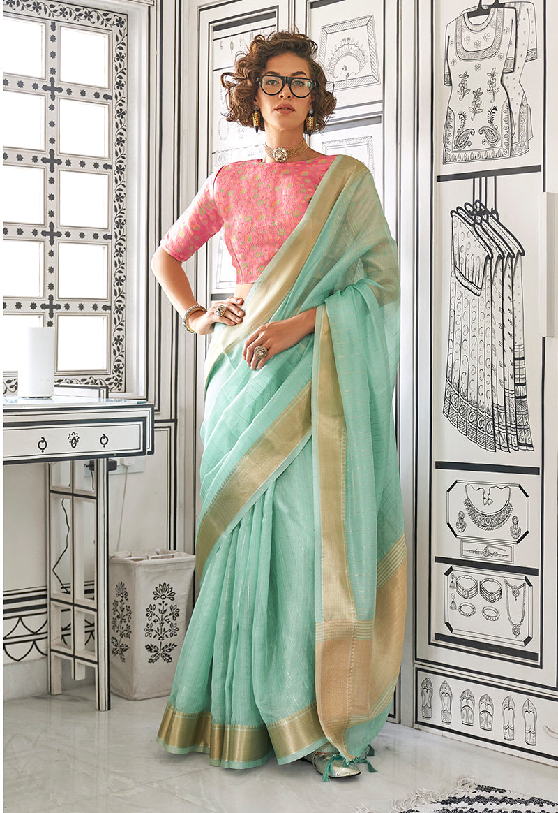 Light Aqua Blue Plain Chiffon Saree with a Classy Sheen