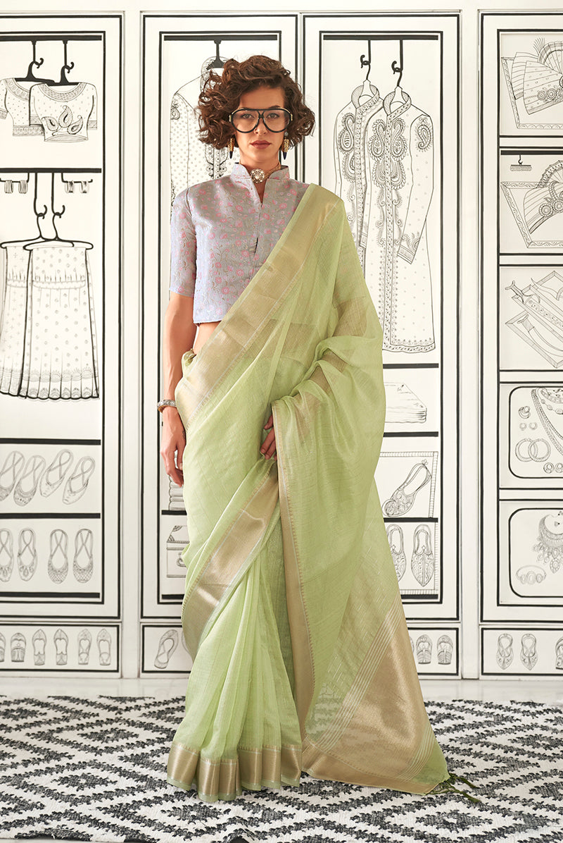 Light Green Plain Chiffon Saree with a Classy Sheen