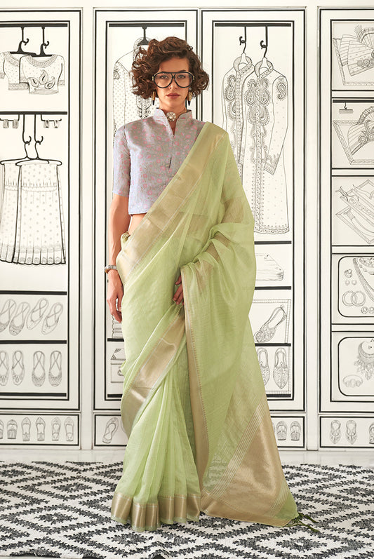 Light Green Plain Chiffon Saree with a Classy Sheen