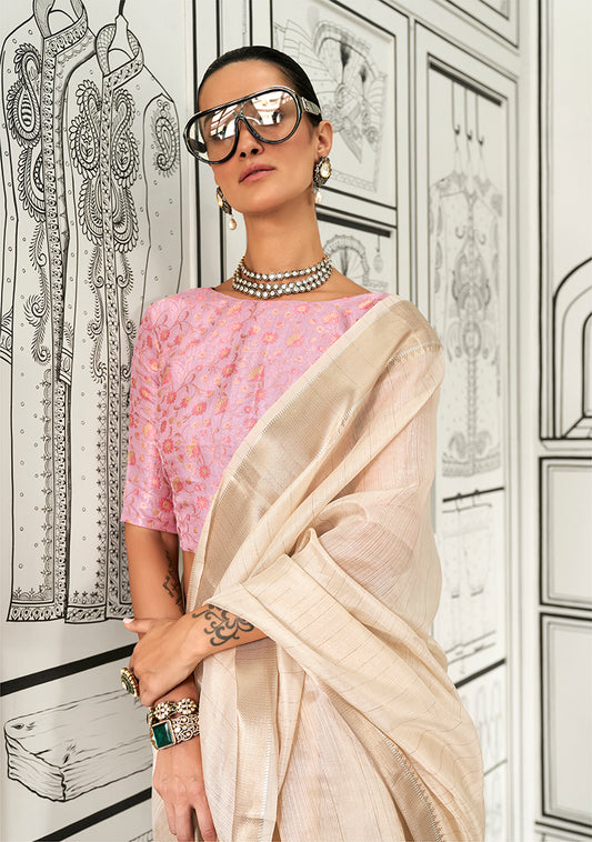 Cream Plain Chiffon Saree with a Classy Sheen