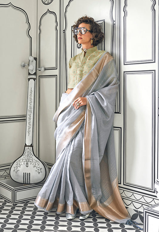 Gray Plain Chiffon Saree with a Classy Sheen