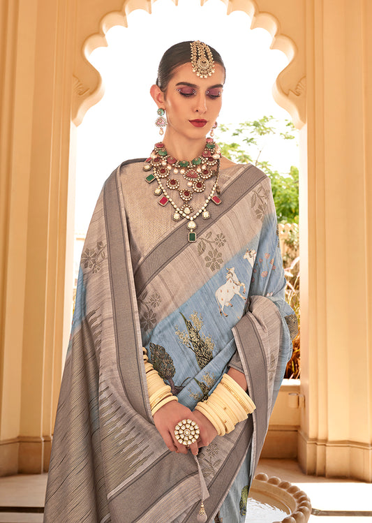 Light Blue Raw Silk Printed Saree