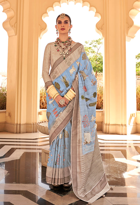 Light Blue Raw Silk Printed Saree