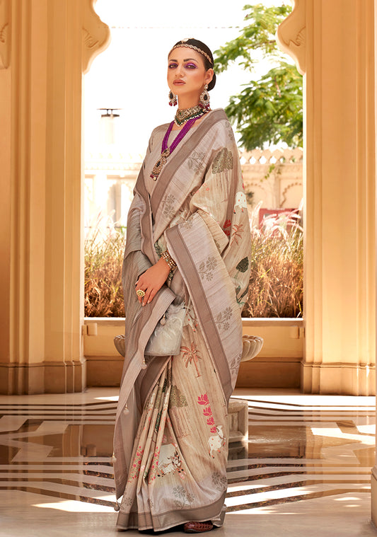 Cream Raw Silk Printed Saree