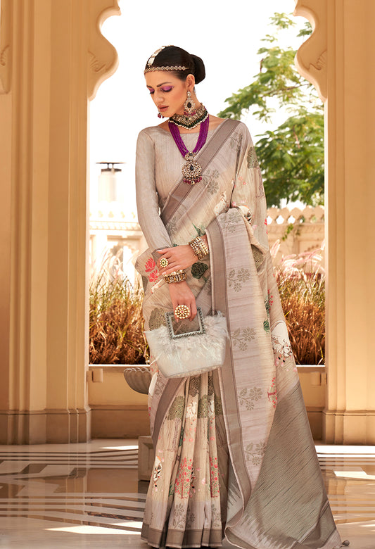 Cream Raw Silk Printed Saree
