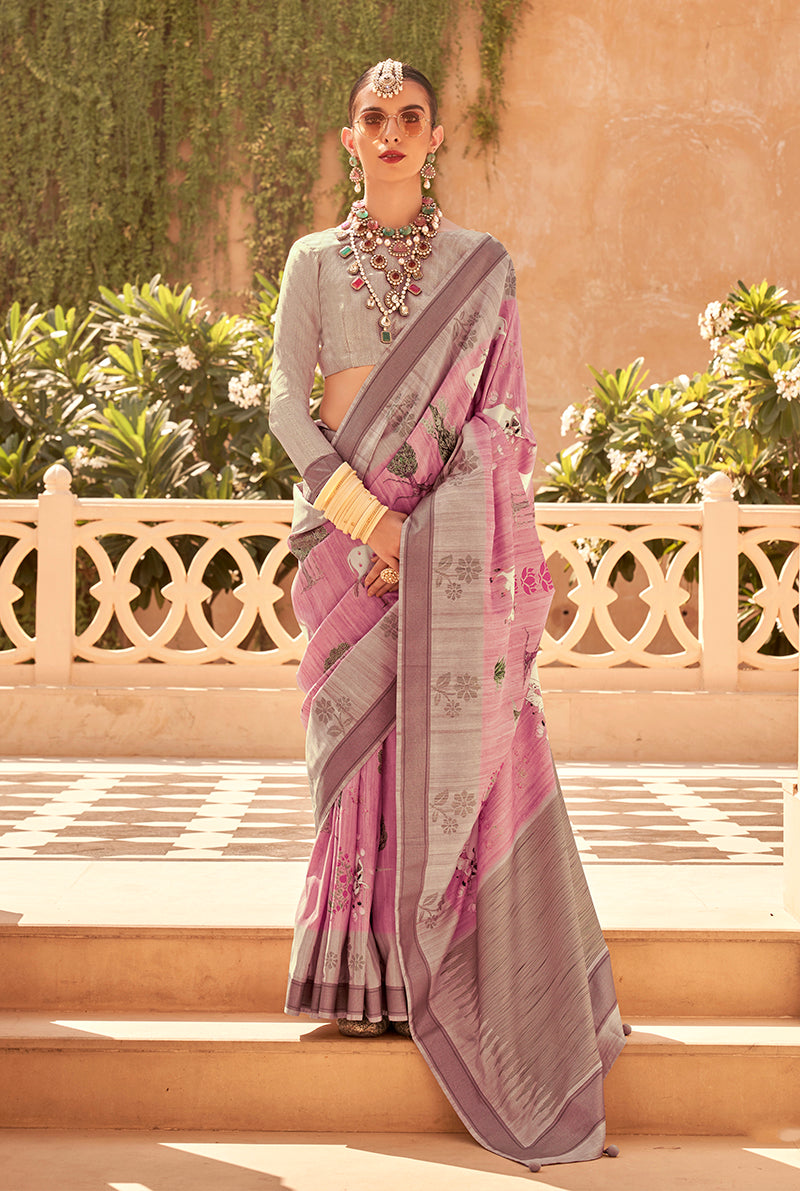 Pink Raw Silk Printed Saree