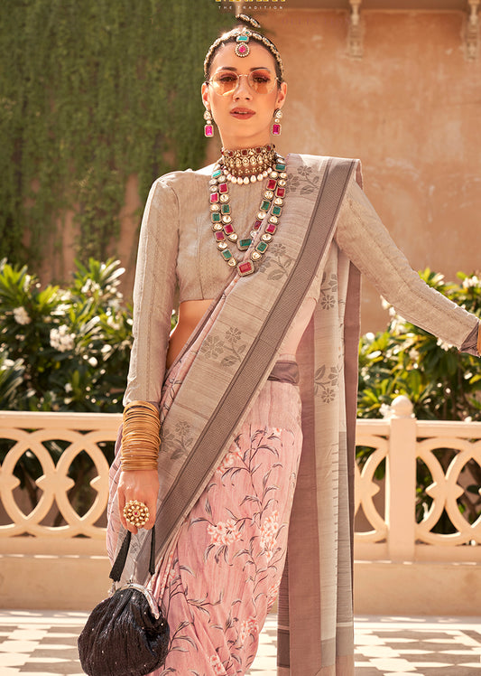 Light Pink Raw Silk Printed Saree