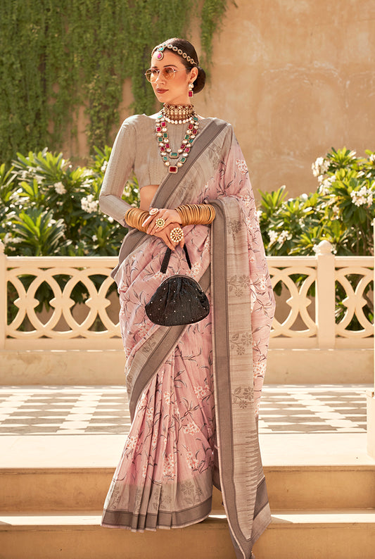 Light Pink Raw Silk Printed Saree