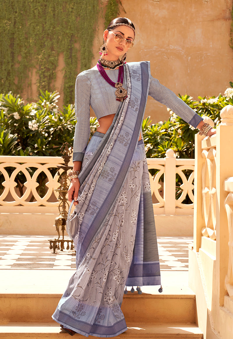 Slate Grey Raw Silk Printed Saree