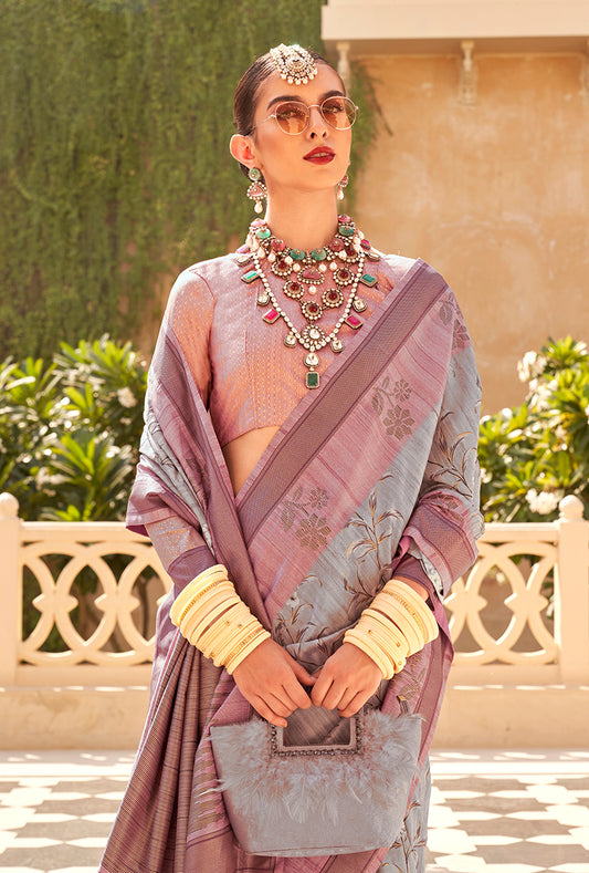 Grey Raw Silk Printed Saree