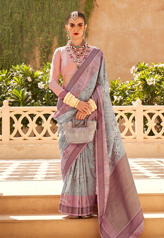 Grey Raw Silk Printed Saree