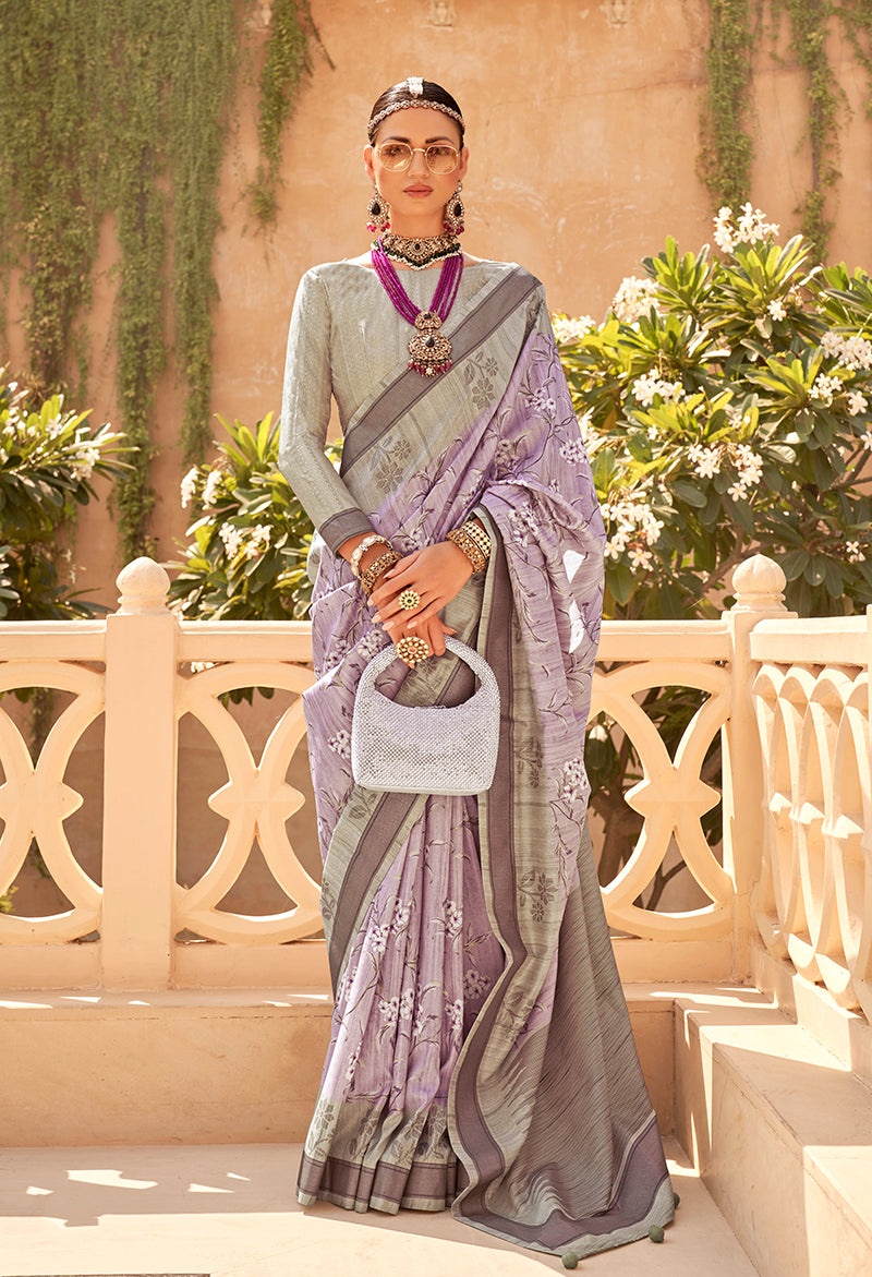 Lavender Raw Silk Printed Saree