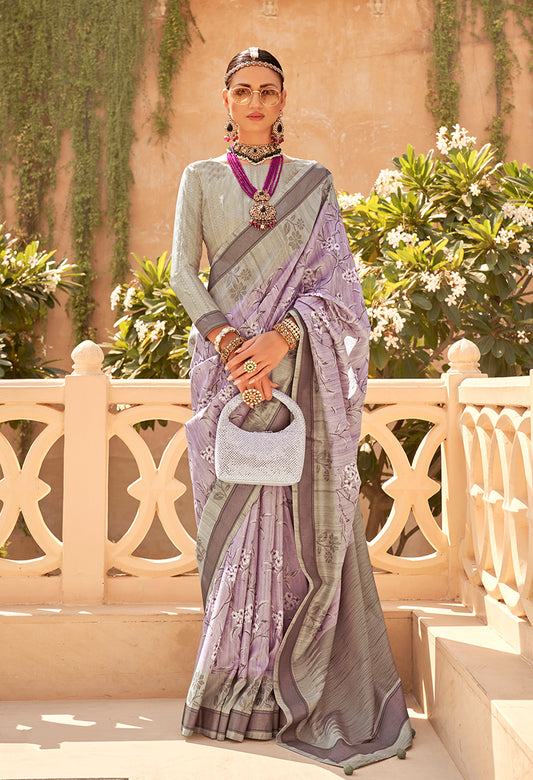 Lavender Raw Silk Printed Saree