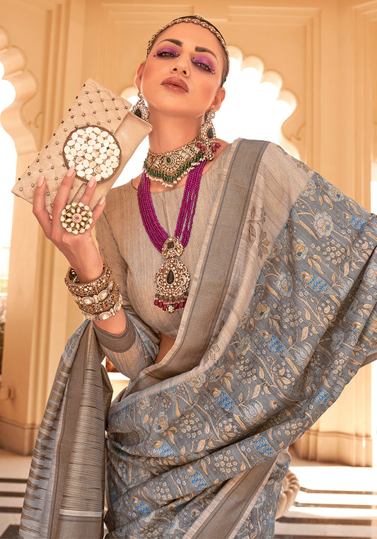 Grey Raw Silk Printed Saree