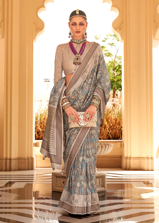 Grey Raw Silk Printed Saree