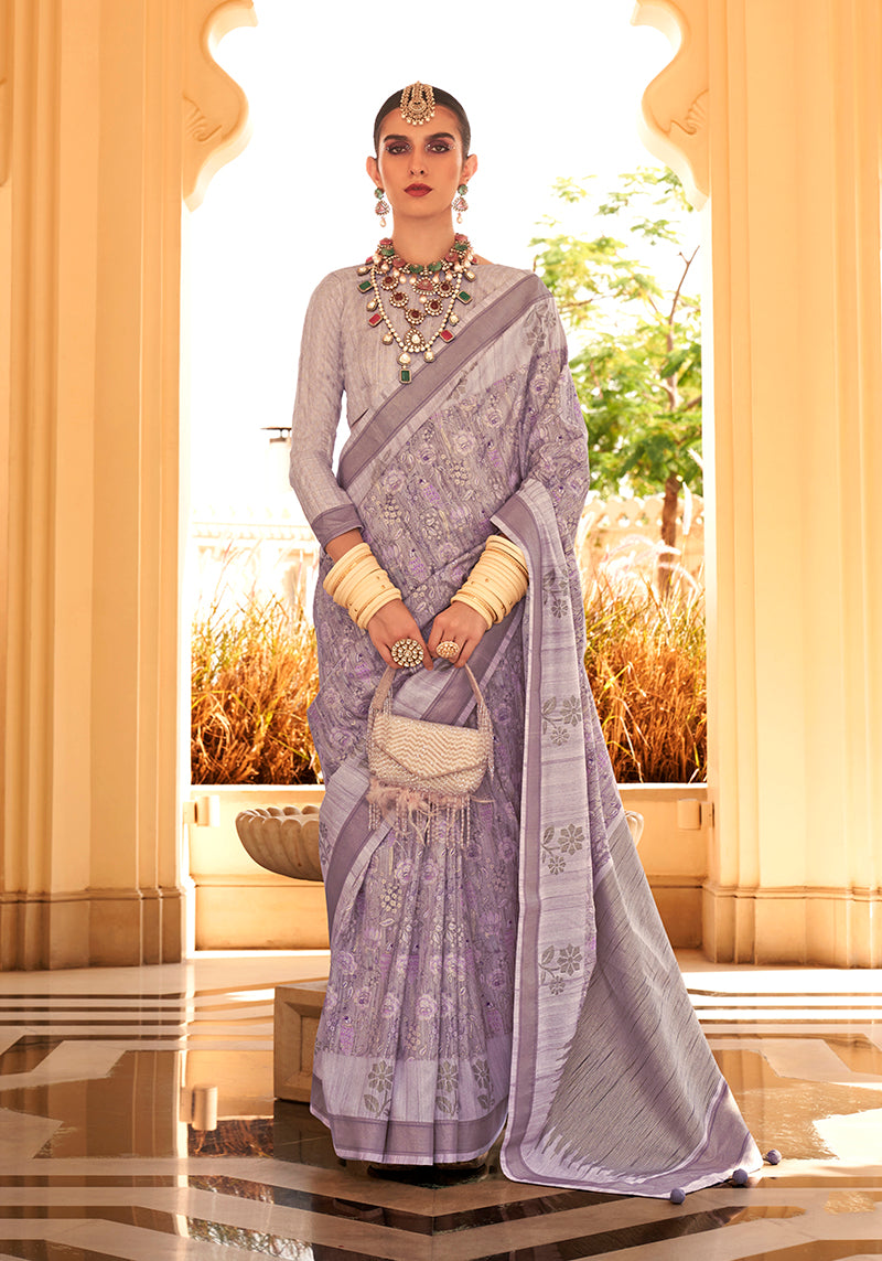 Lavender Raw Silk Printed Saree