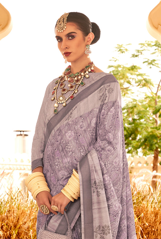 Lavender Raw Silk Printed Saree