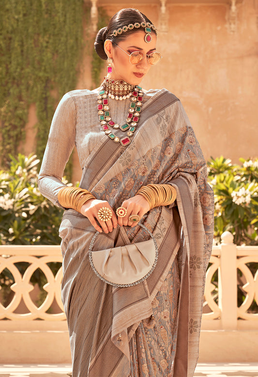 Beige And Grey Raw Silk Printed Saree