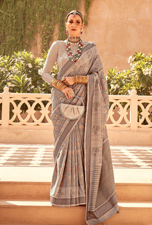 Beige And Grey Raw Silk Printed Saree