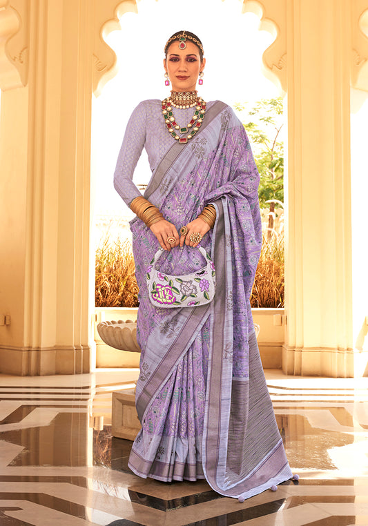 Lavender Raw Silk Printed Saree