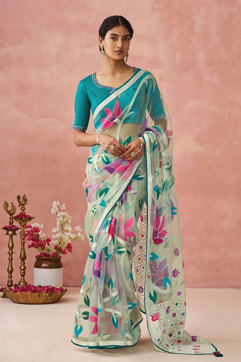 Light Mint Green Brasso Printed Classic Saree