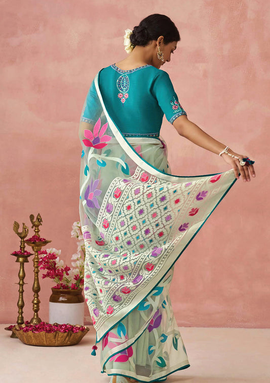 Light Mint Green Brasso Printed Classic Saree