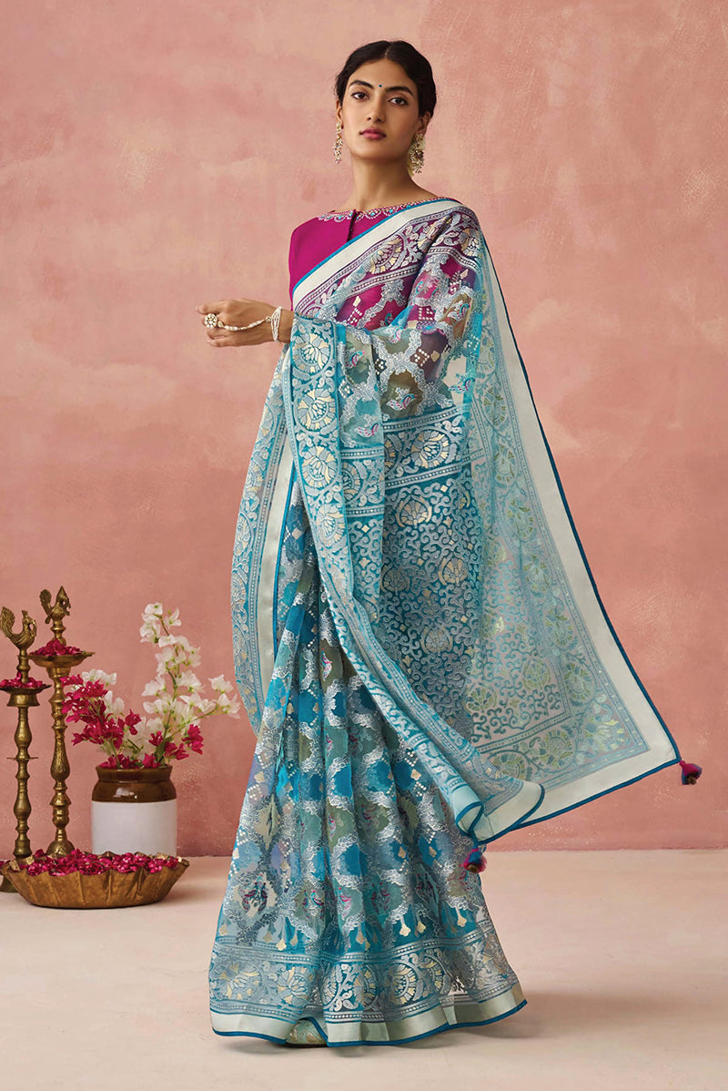 Aqua Blue Brasso Printed Classic Saree