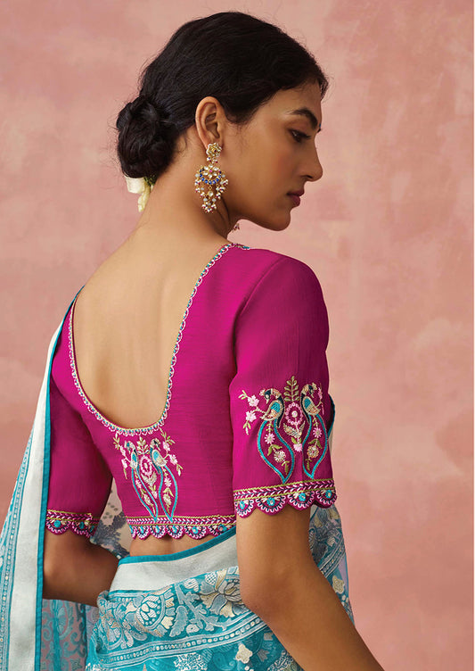 Aqua Blue Brasso Printed Classic Saree