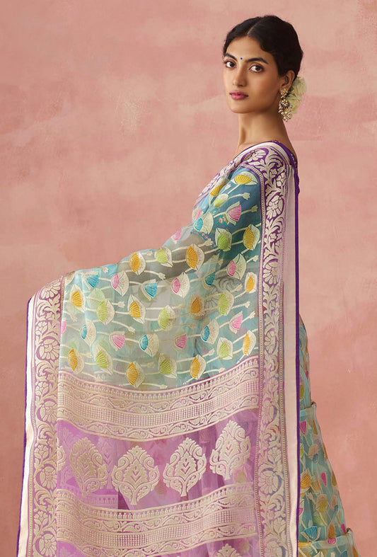 Light Turquoise Brasso Printed Classic Saree