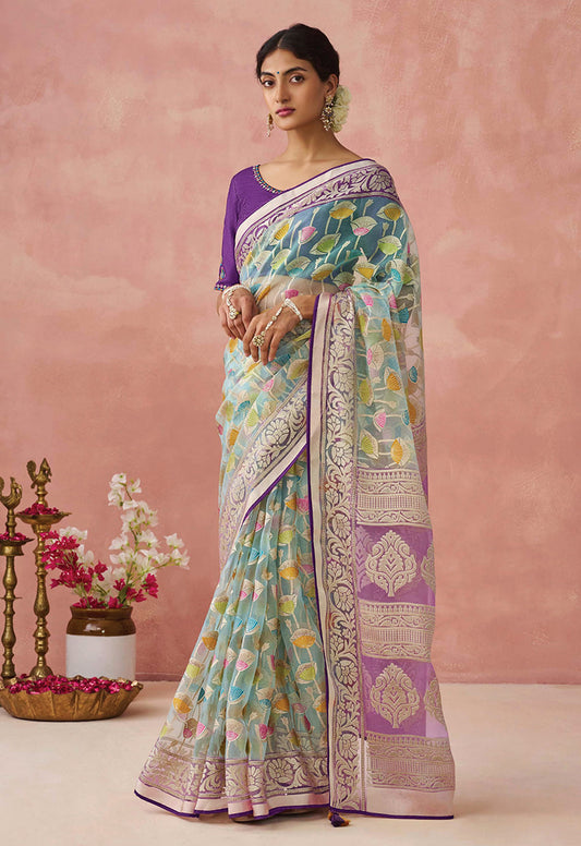 Light Turquoise Brasso Printed Classic Saree
