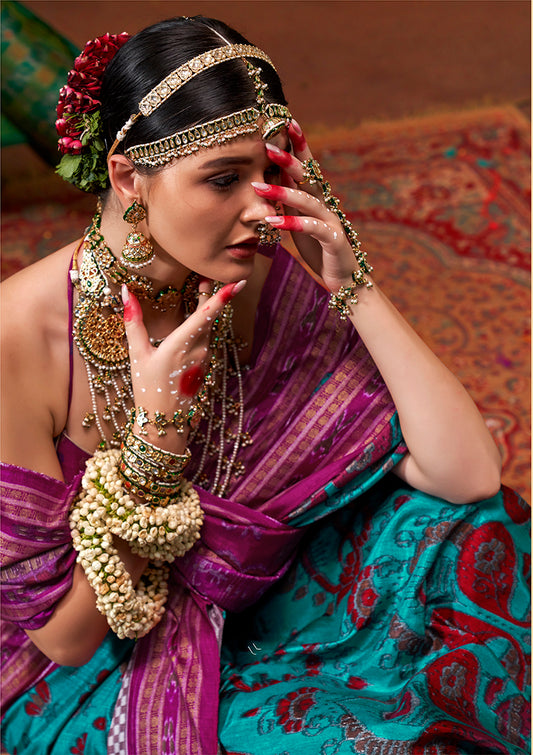 Aqua Blue Silk Patola Print Saree
