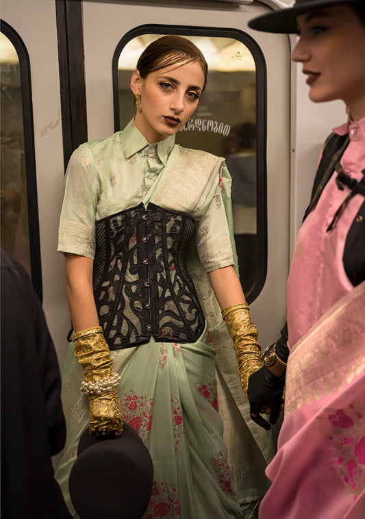 Light Green Katan Silk Saree with Heavy Gold Zari Weaving