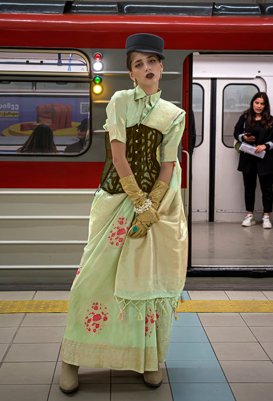 Light Green Katan Silk Saree with Heavy Gold Zari Weaving
