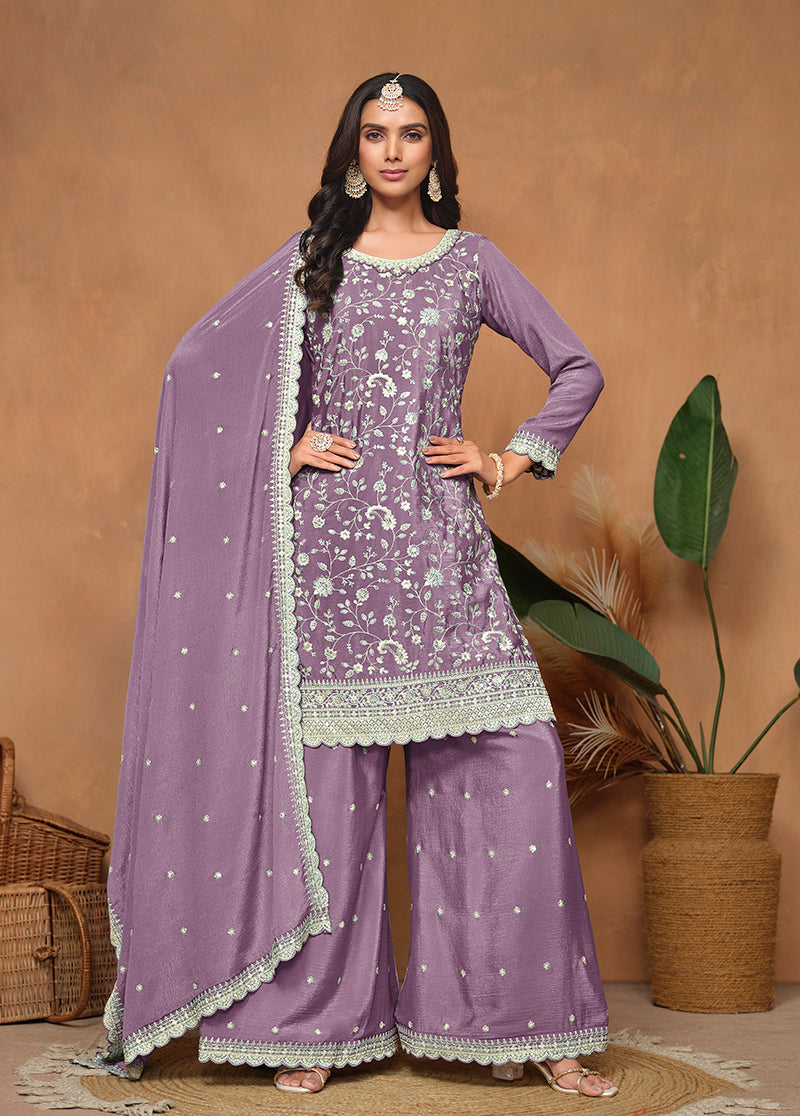 Lavender Chinon Embroidered Designer Palazzo Suit
