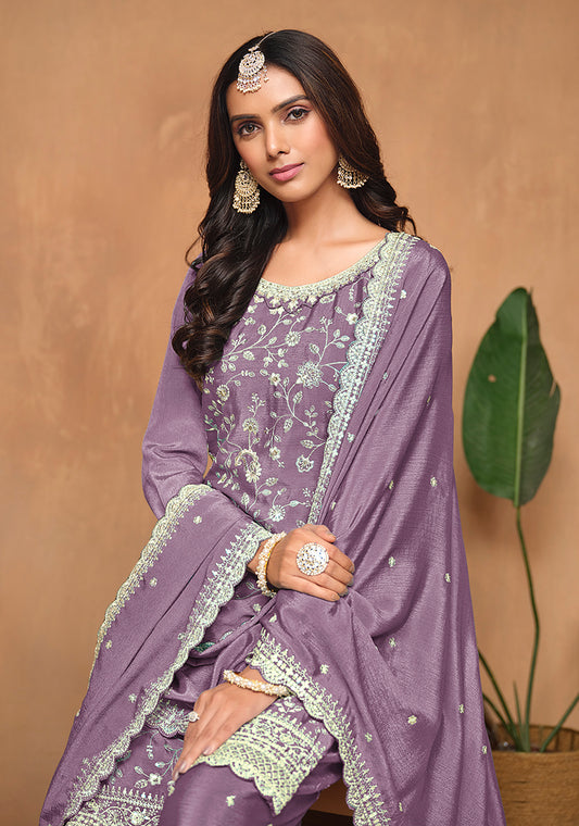 Lavender Chinon Embroidered Designer Palazzo Suit