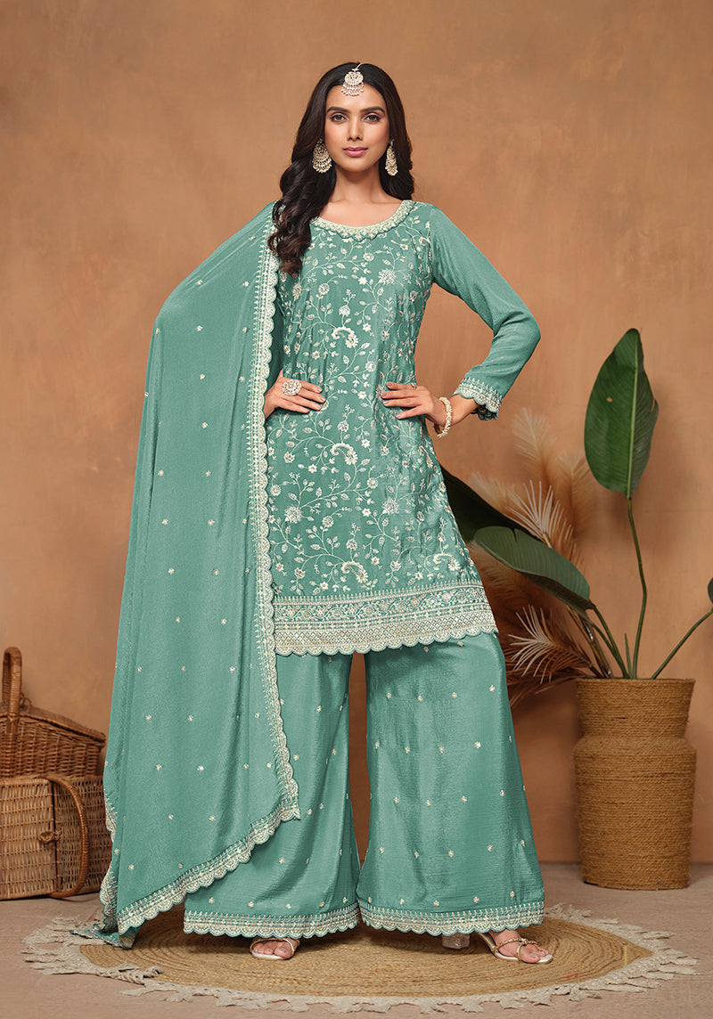 Turquoise Chinon Embroidered Designer Palazzo Suit