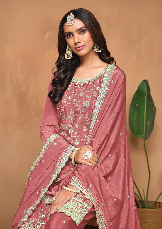 Dark Peach Chinon Embroidered Designer Palazzo Suit