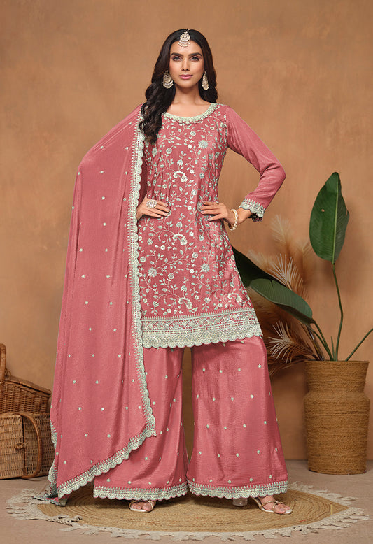 Dark Peach Chinon Embroidered Designer Palazzo Suit