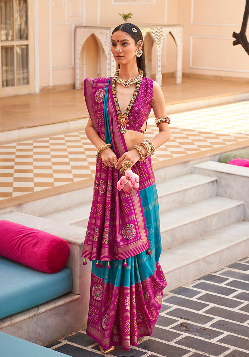 Blue & Magenta Silk Foil Print Patola Saree