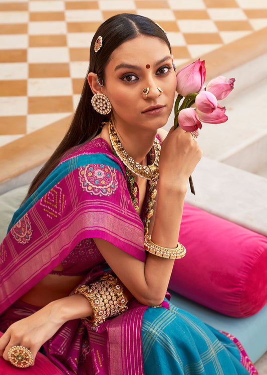 Blue & Magenta Silk Foil Print Patola Saree