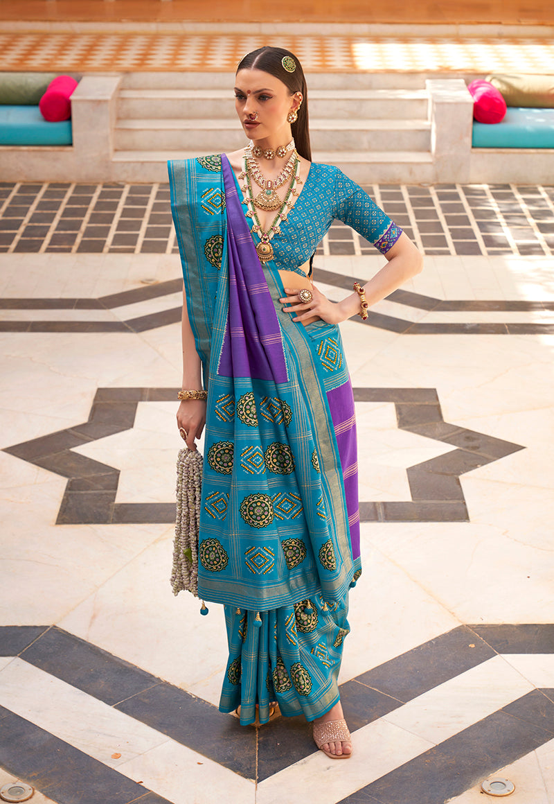 Purple & Aqua Blue Silk Foil Print Patola Saree