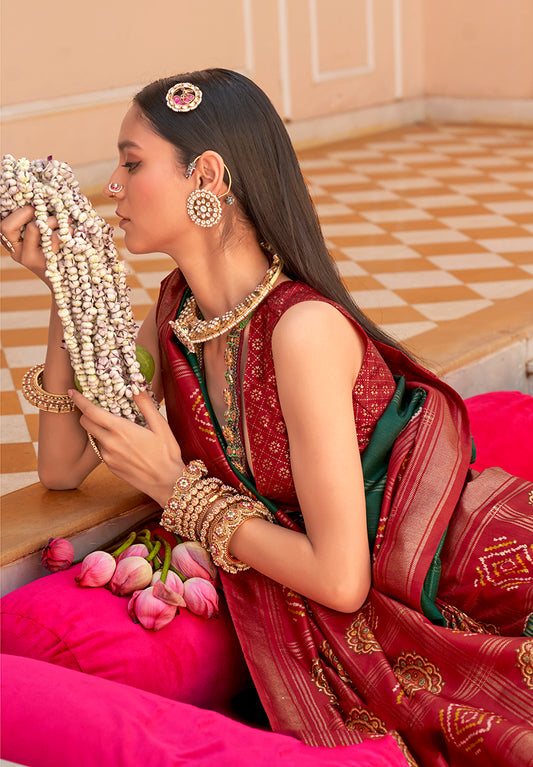 Dark Green & Maroon Silk Foil Print Patola Saree