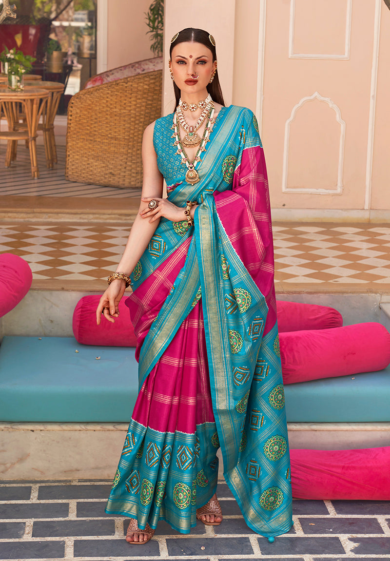 Rani Pink & Aqua Blue Silk Foil Print Patola Saree